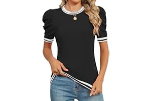 AKEWEI Puff Short Sleeve Sweater for Women Tops Trendy Spring Summer 2025 Business Casual Outfits Knit Crewneck Shirt Blouses