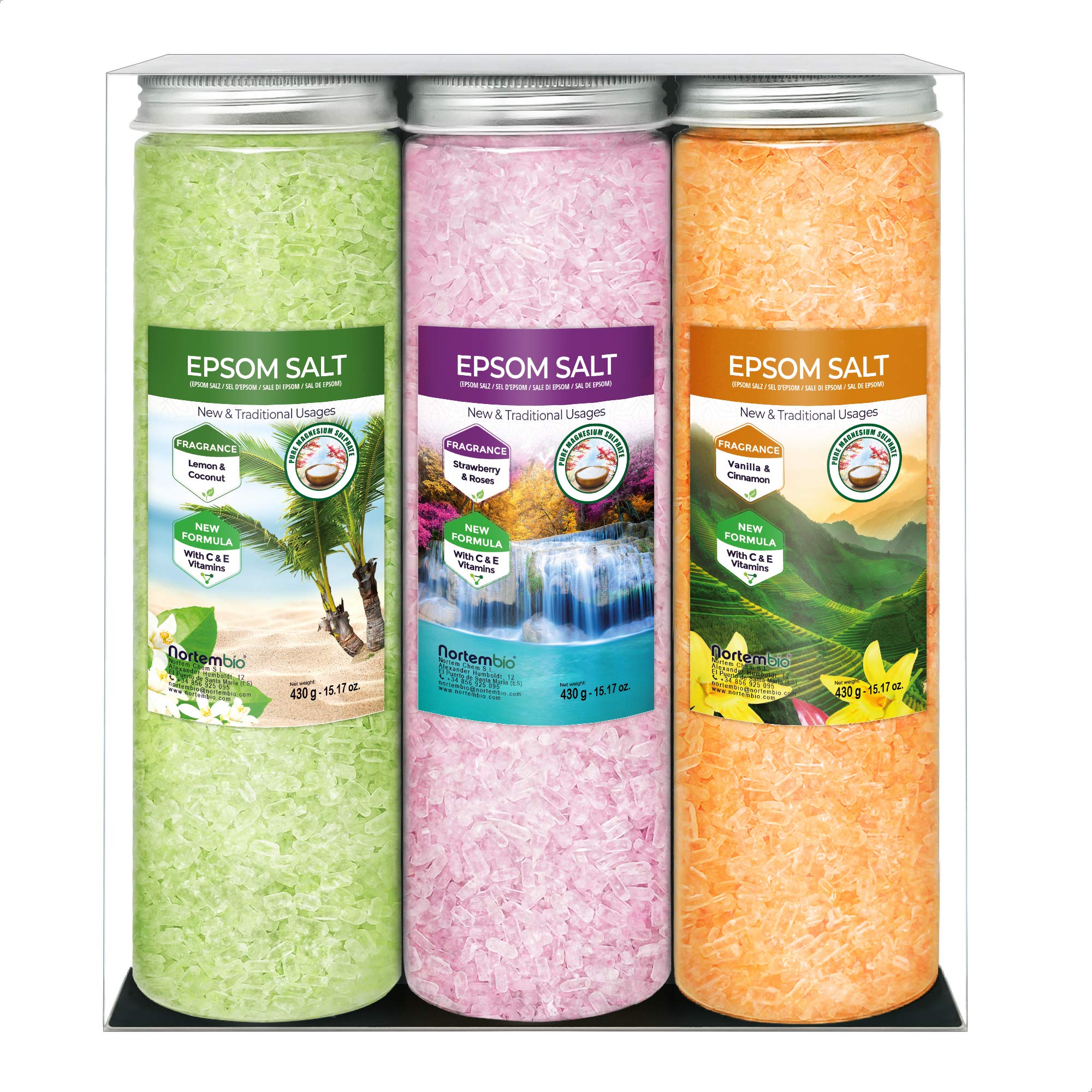 Nortembio Epsom Salt Gift Pack Vanilla, Rose, Lemon Fragrances 3 x 430g | Natural Magnesium with Vitamins C & E | Relaxing Baths, Spa, Hydration + Free E-Book