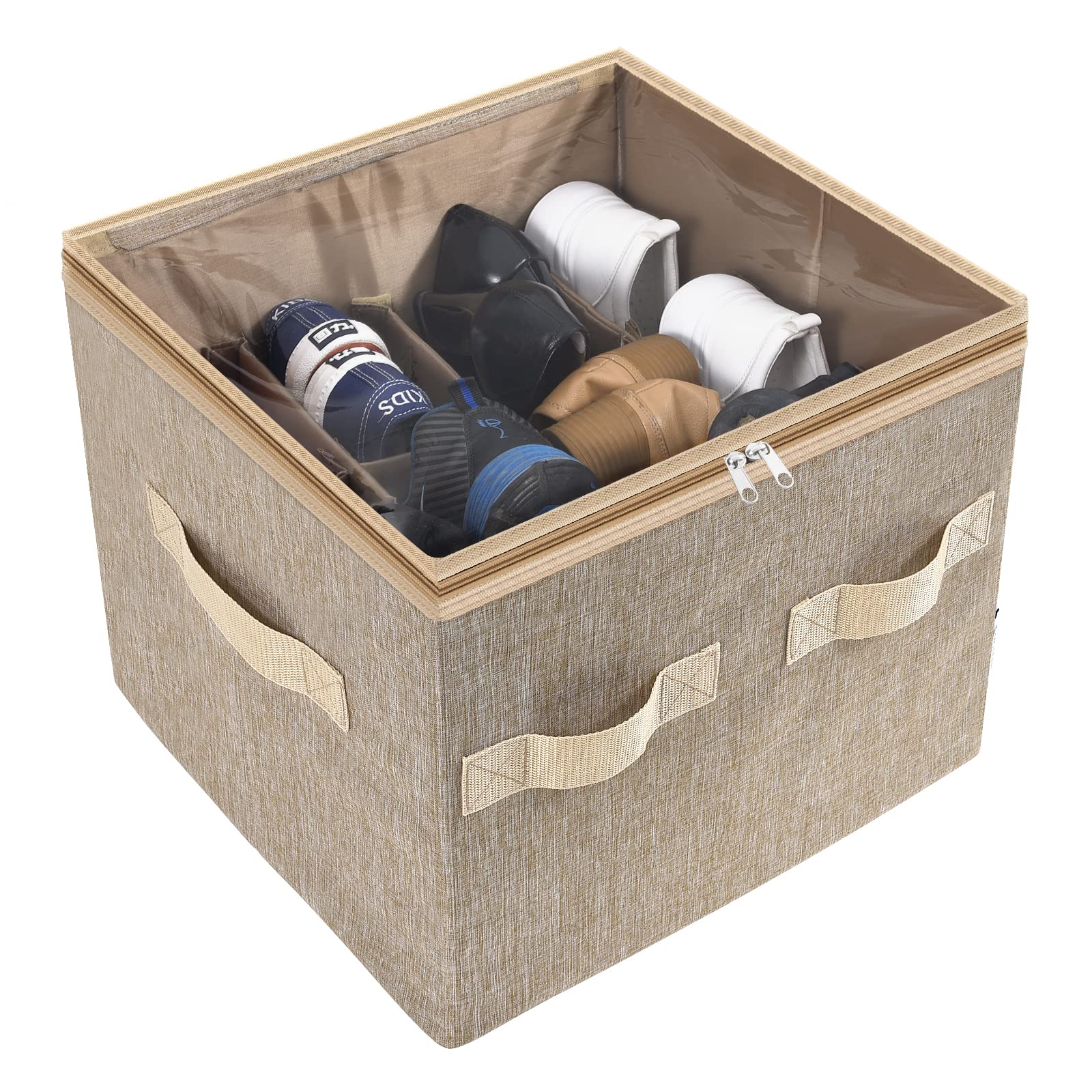 Moteph Shoe Organizer Closet Storage Solution with Clear Cover & Adjustable Dividers for Shoes, Handbags, Blankets, Linen, Clothing (Small - 12 Pairs, Light Brown)