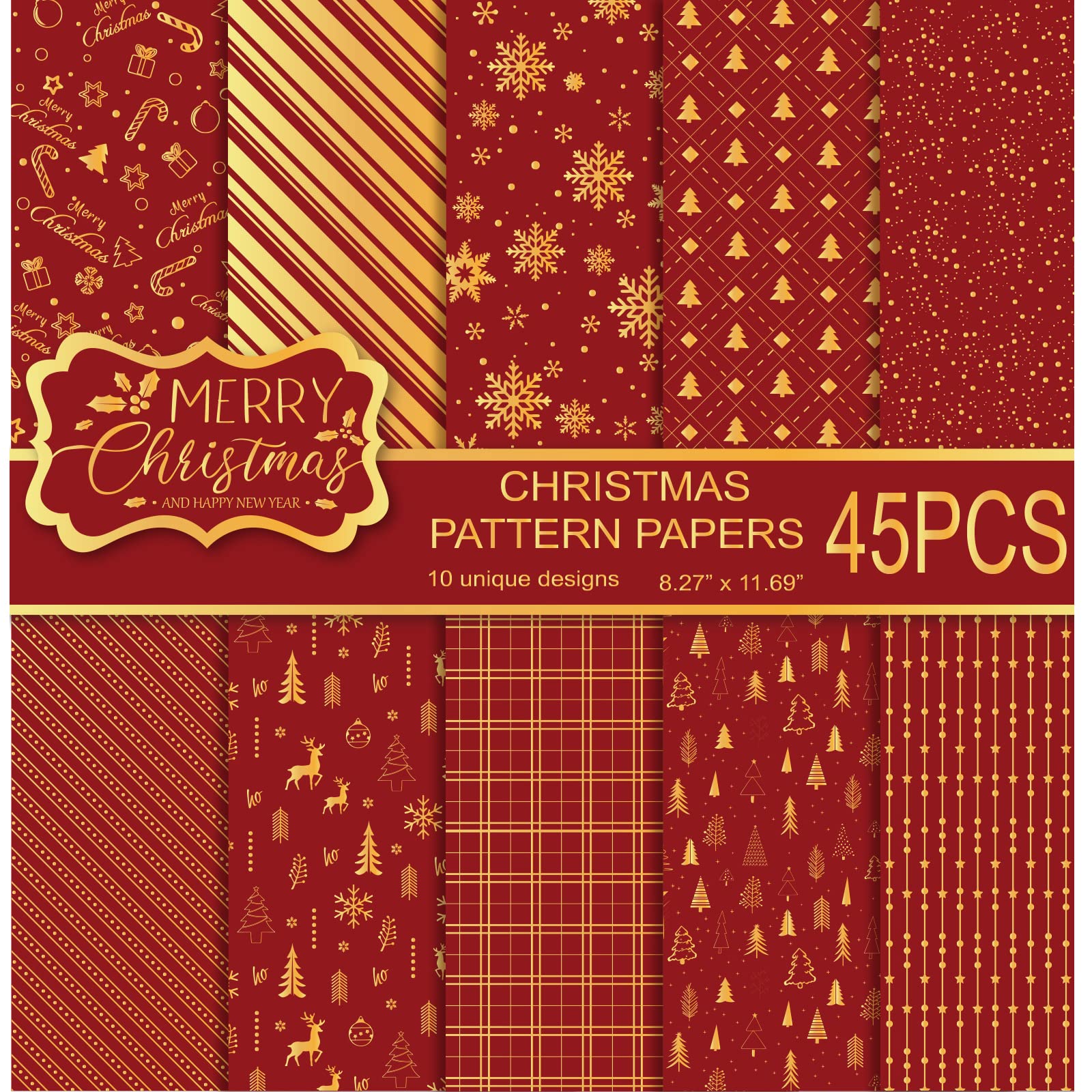 MIAHART 45 Sheets Merry Christmas Pattern Paper Set 10 Designs Festival Decorative Craft Paper Double-Sided for Card Making Scrapbook, A4 Size-Red and Gold