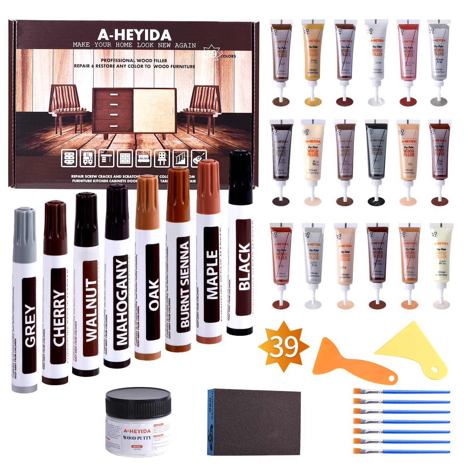 Photo 1 of Wood Floor Scratch Repair - Set of 39 - Hardwood Floor Repair Kit Wood Filler Putty, Wood Markers Furniture Repair Kit Touch Up Pens for Scratch Stain Hole, Restore Laminate Vinyl Veneer Cabinet