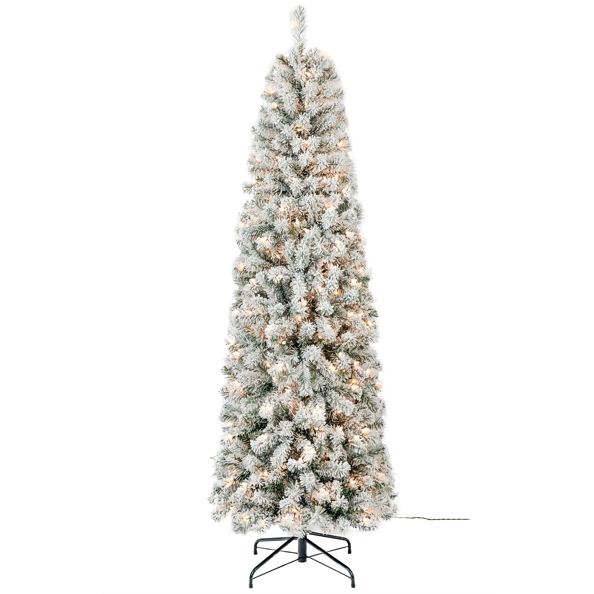 Photo 1 of Flocked Pencil Christmas Tree with Lights 6.5Ft, Artificial Prelit Christmas Tree with 250 Clear Lights, Clearance Pencil Xmas Snowy Trees