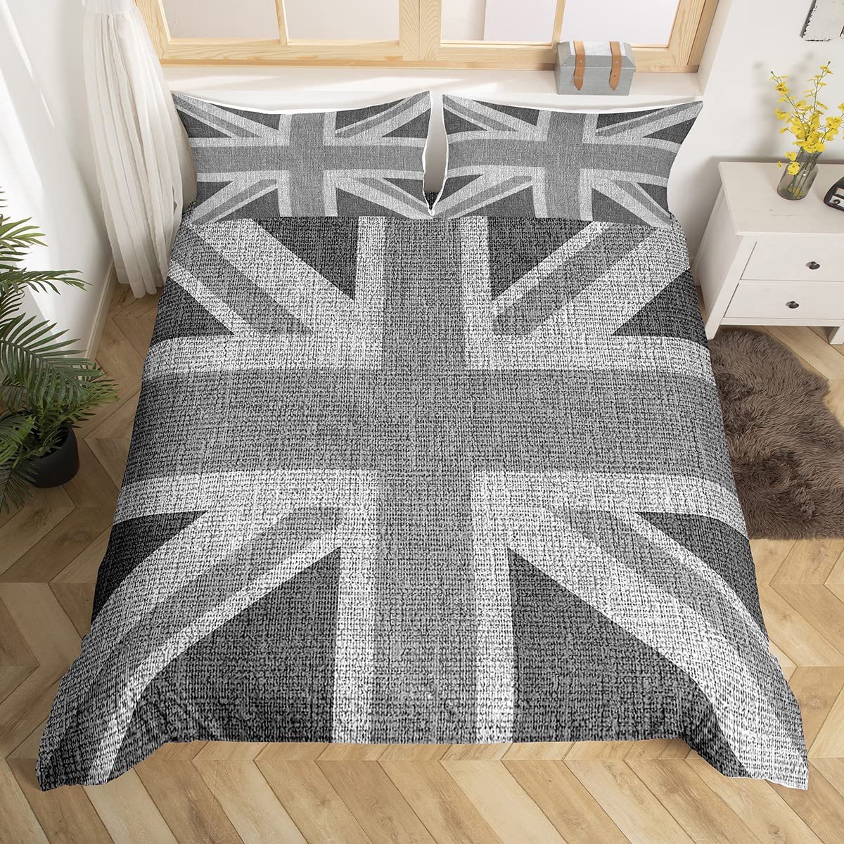 Loussiesd United Kingdom Flag Duvet Cover Union Jack Comforter Cover Grey UK Flag Bedding Set For Kids Adults Geometric Ultra Soft King Szie Zipper — image 1