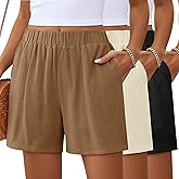 Ficerd 3 Pack Women's Casual Linen Shorts,Pleated High Waist Wide Leg Summer Elastic Comfy Trendy Shorts with Pockets