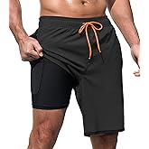 MOANOK Mens Swim Trunks with Compression Liner 9 Inch Quick Dry Bathing Suit Board Shorts with Zipper Pockets