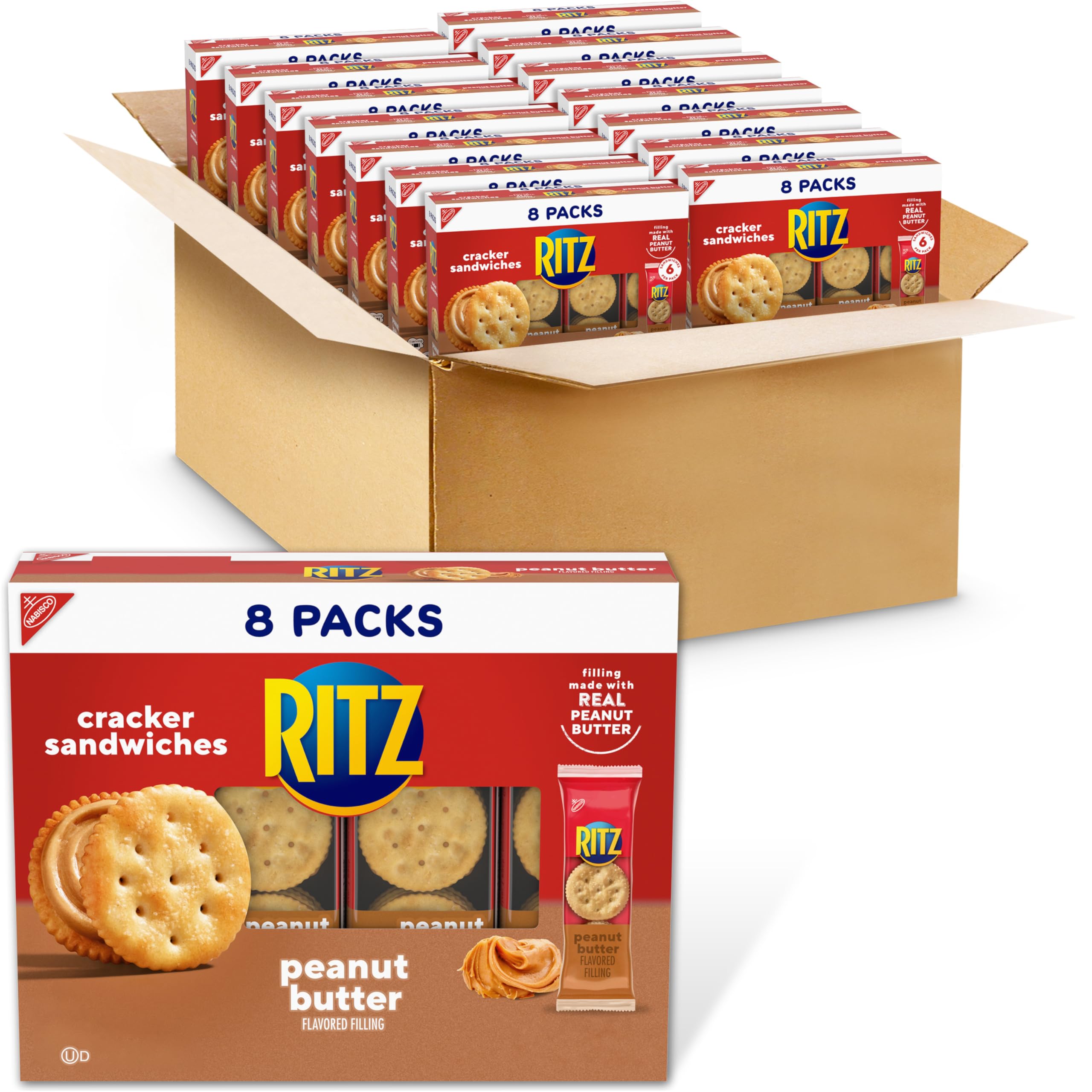 RITZ Peanut Butter Sandwich Crackers, Lunch Snacks, 112 Snack Packs (14 Boxes, 6 Crackers Per Pack) Image