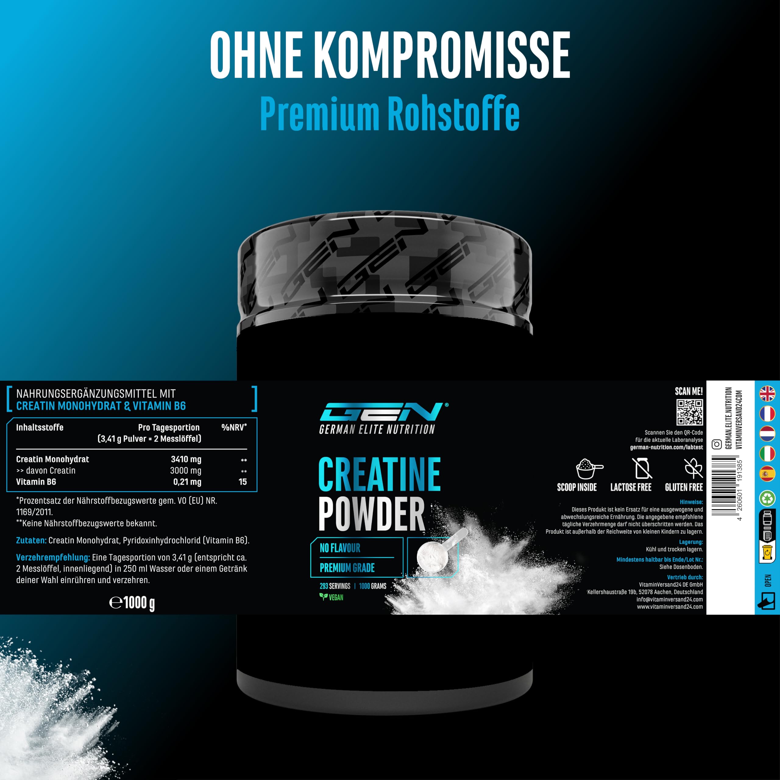 Creatin Pulver - 1kg / 1000 g - Creatine Monohydrat Pulver - Optimale Löslichkeit & mikrofein - Vegan - 293 Anwendungen - German Elite Nutrition 5