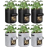 6 Pack Potato Grow Bags, 10 Gallon Planting Bags Large Fabric Pots with Flap Window Vegetable Planter Garden Pot Tall Potato Growing Containers with Handles for Vegetables, Fruits, Black + Grey