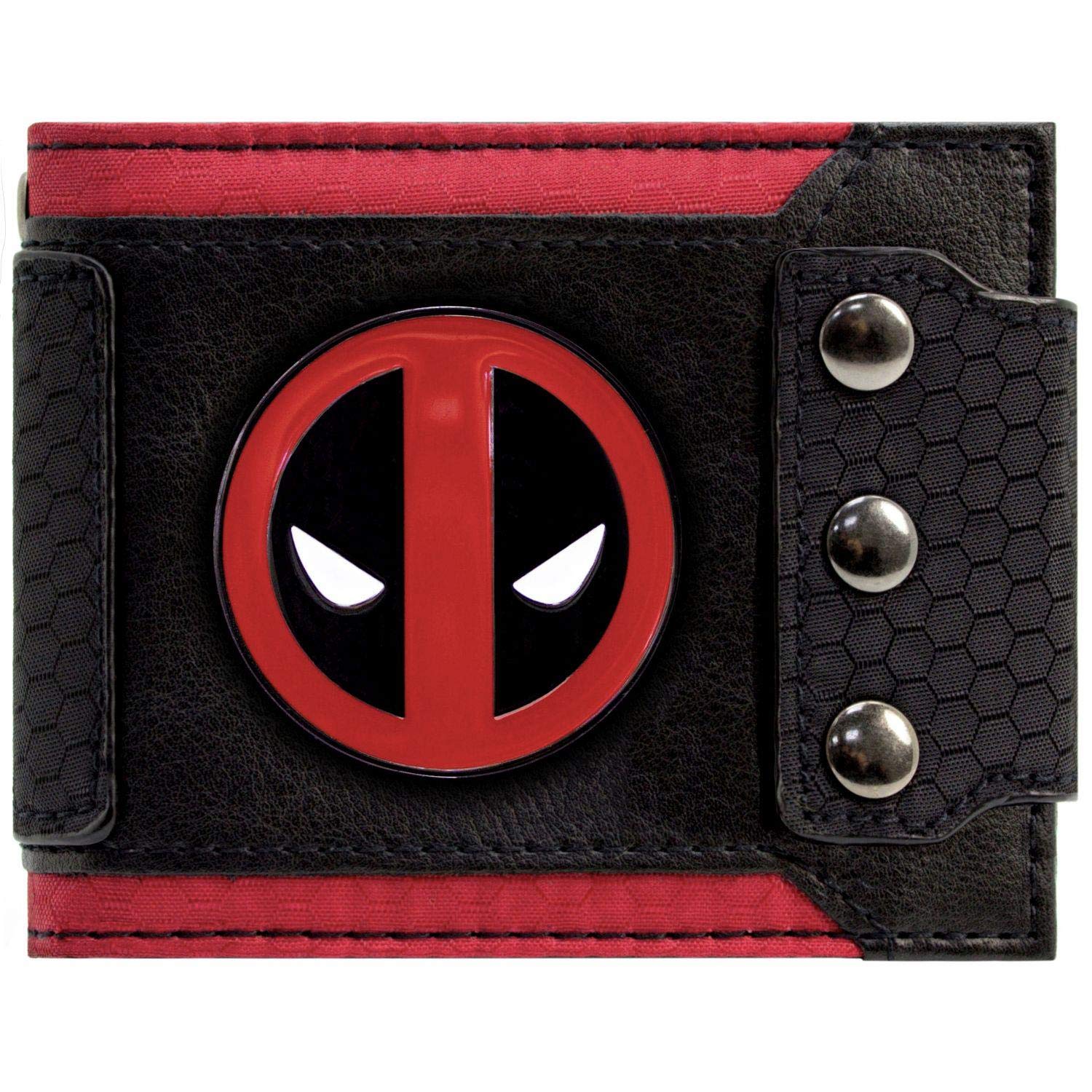 Deadpool Antihero Metal Face Badge Triple Buttoned Wallet Bi-Fold ID & Card Holder, Black