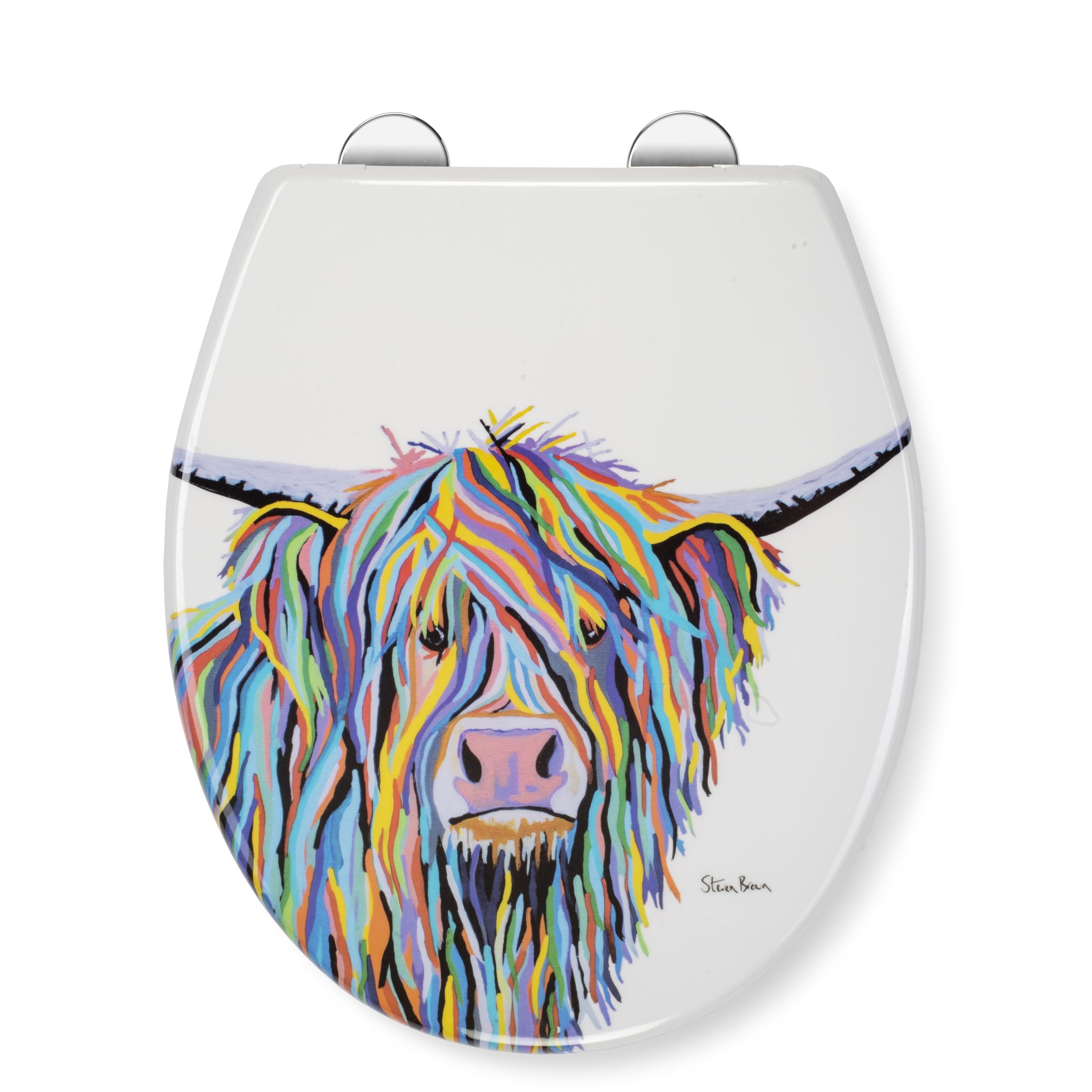 Croydex Steven Brown Angus McCoo Flexi-Fix Soft Close Toilet Seat - with Quick Release with Adjustable Hinges, Durable Polypropylene Plastic with Top and Bottom Fixings (Highland Cow)