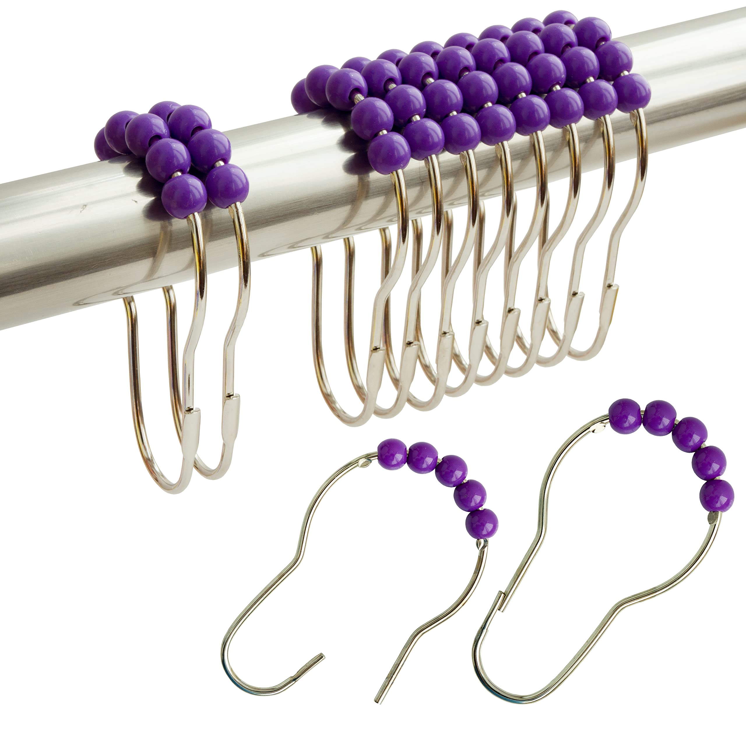 Shower Curtain Hooks Rings Stainless Steel Shower Hooks Purple Acrylic roller Balls Rustproof Heavy Duty for Bathroom Curtain(Purple)