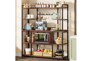 Tribesigns Large Bakers Rack, 55" Wide Kitchen Hutch Cabinet Microwave Stand with 11 Hooks, 5-Tier Baker’s Rack Kitchen Storage Shelf with Hutch, Rustic Brown