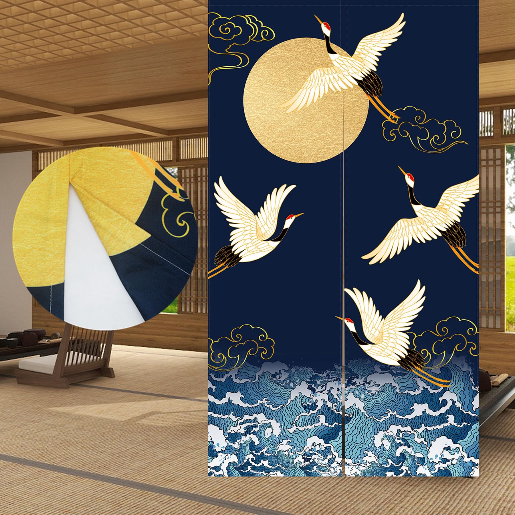 LIGICKY Noren Doorway Curtain Japanese Style Thickened Cranes Waves Gold Full Moon Printed Cotton Linen Window Treatment Door Tapestry for Home Decoration 85 x 150 cm, Navy Blue(Double Sided Priting)