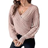 Flamingals Women's Long Sleeve Wrap V Neck Sweater Cropped Slim Fit Solid Cable Knit Sweatshirts