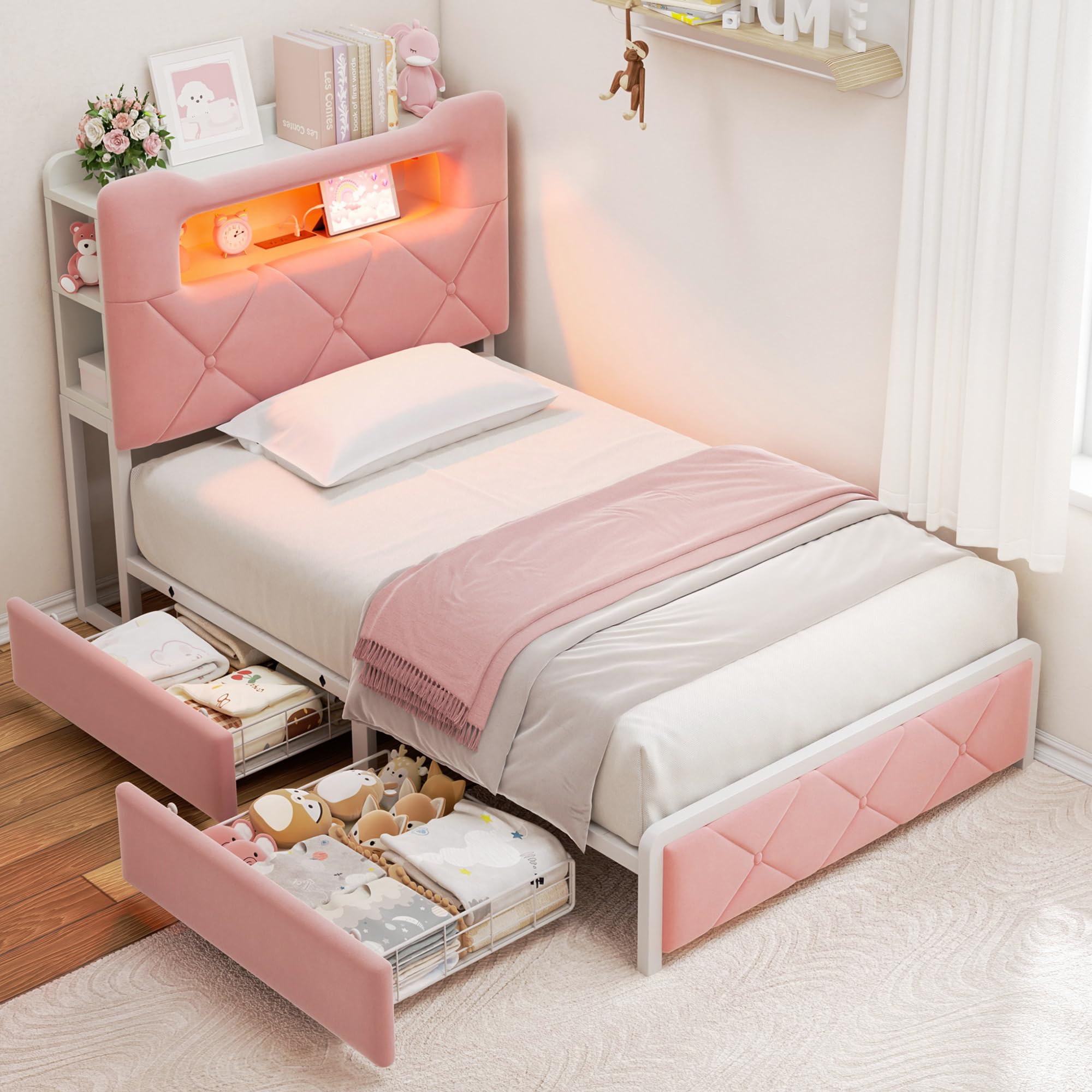 Photo 1 of ** USED ** Twin Upholstered LED Bed Frame with 2 Storage Drawers and 2-Tier Storage Bookcase Headboard, Velvet Princess Platform Bed for Kids/Girls/Boys, Heavy Duty Metal Support, No Box Spring Needed, Pink