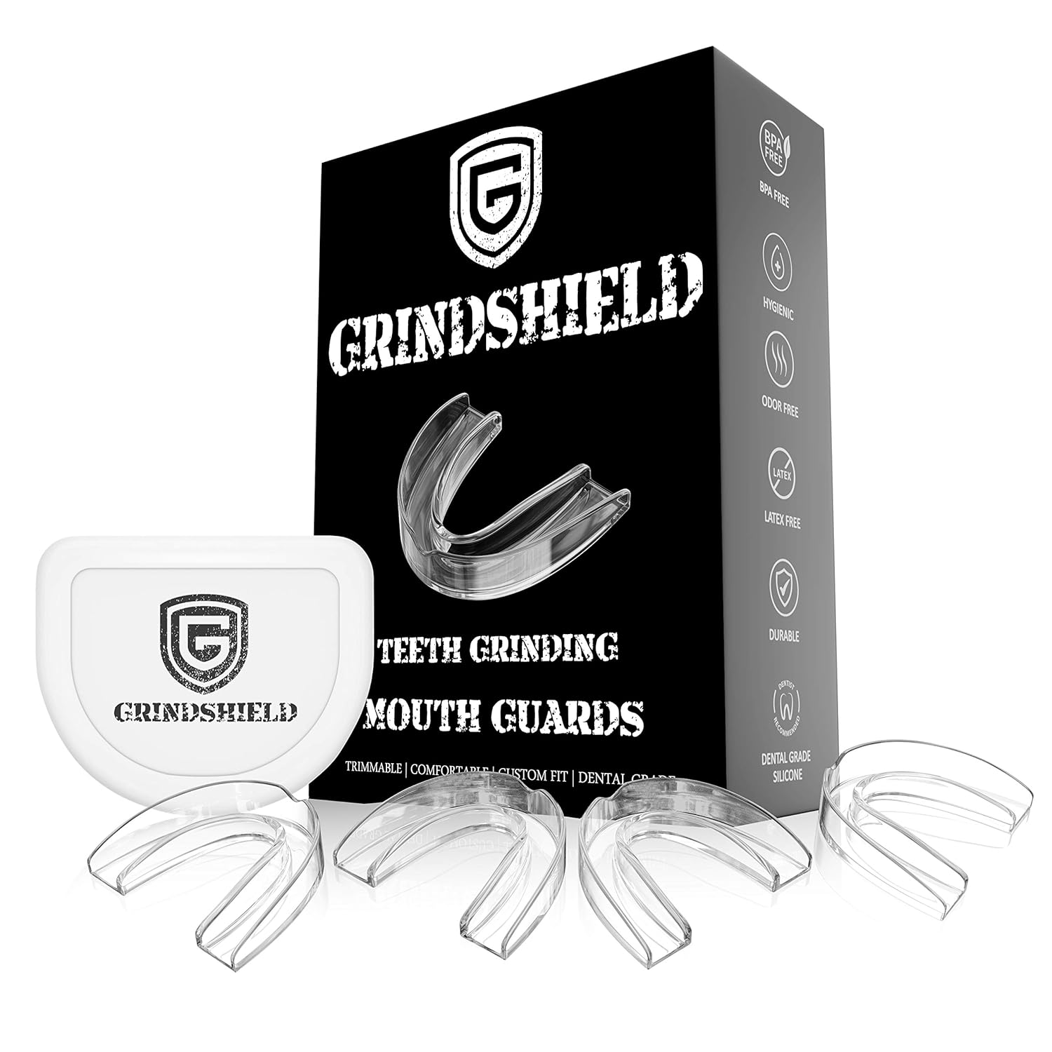 GRINDSHIELD Teeth Grinding Guard - Moldable, Trimmable - 4 Mouth Guards for Grinding Teeth & Case – Nightguard for Teeth Grinding, Clenching Night Guard, Bruxism Mouth Guard, Dental Guard, Mouthguard