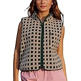 PUWEI Women's Checkered Sherpa Vest Sleeveless Zip Up Fleece Top Crochet Plaid Sherpa Collared Vest with Pocket