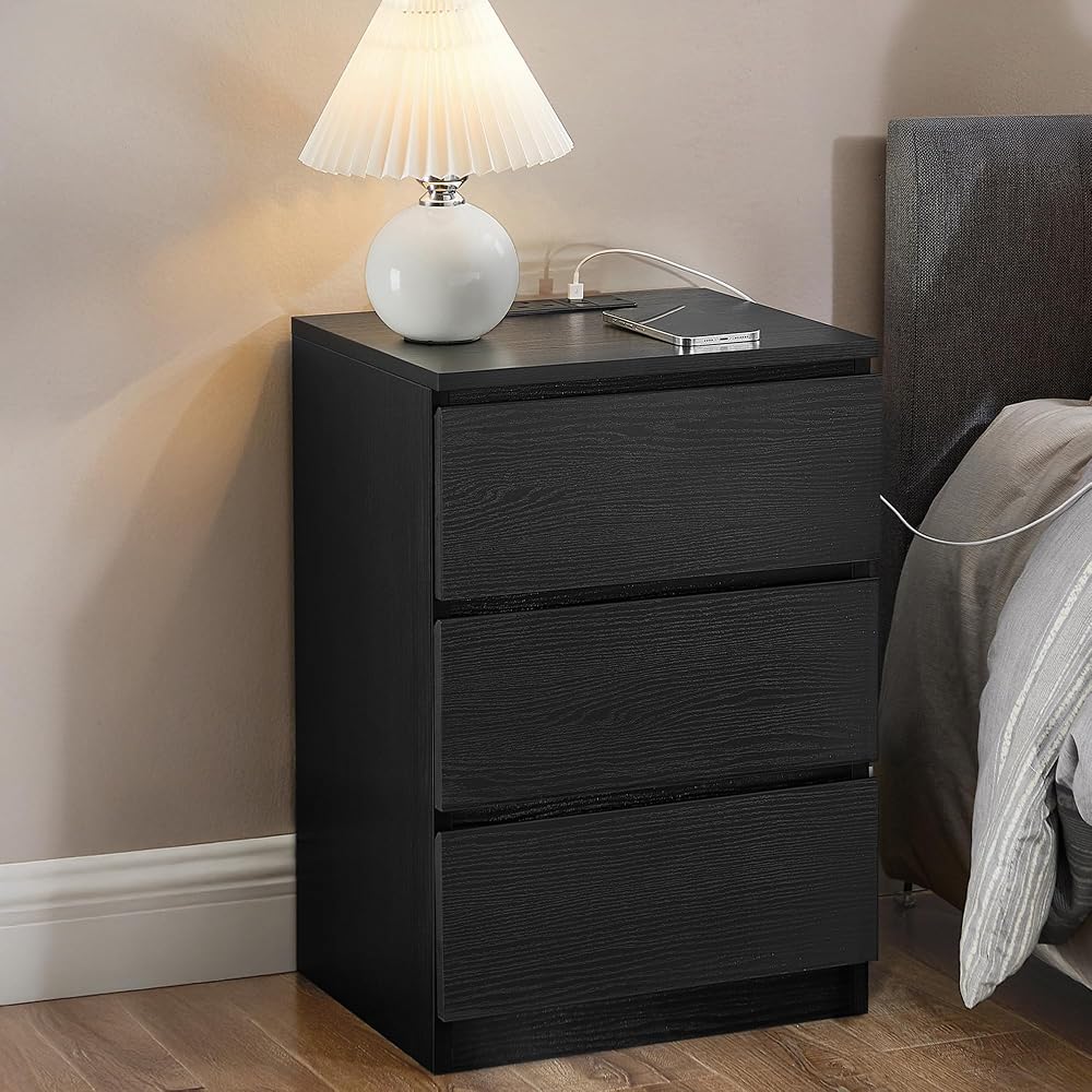 VASAGLE KAILYN Bedside Table with Power Strip Ebony Black LET631B57