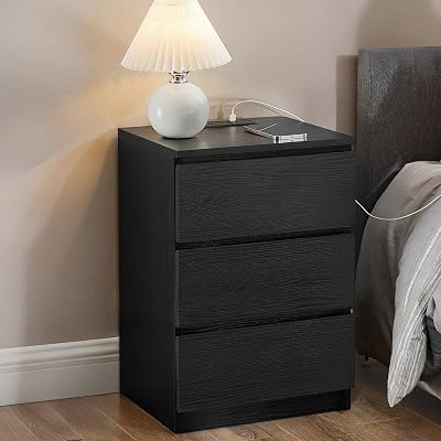 VASAGLE KAILYN Bedside Table with Power Strip Ebony Black LET631B57