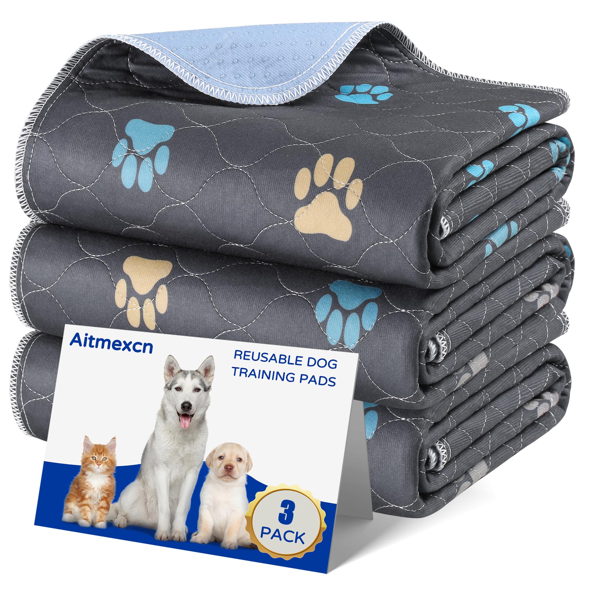 Aitmexcn Washable Puppy Pads - 3 Pack Non-slip and Leak-Proof Pee Mat, Absorbent Reusable for Floor Protector, Couch Cover, Crate, Potty Training (80 X 90 cm)