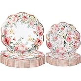 WRAPAHOLIC 50Pcs Floral Paper Plates - 9" and 7" Pink Flower Disposable Plates Decorative Dinner Plates for Party Tableware Supplies Table Decor