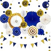 Blue and Gold Party Decorations - 23Pcs Navy Blue White Gold Baby Shower Birthday Decor for Men Boy Kids with Hanging Paper Fans, Pom Poms Flowers, Garland String Polka Dot Packs