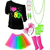 Blulu Mardi Gras 80s Costume Accessories Set T-shirt Colorful Tutu Headband Earring Necklace Leg Warmers for Kids