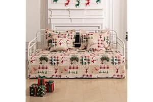 Feyocn 5-Piece Christmas Daybed Cover Set Twin Cozy Xmas Snowflake Reindeer Daybed Bedding Sets New Year Day Bed Comforter Bedspread, Santa Day Bed Cover with 4 Pillow Shams,39"x75"(Beige Red)