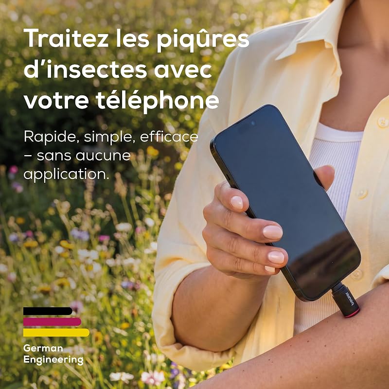 BiteX Go Deep Black, dispositif anti moustique contre piqure moustique, pour smartphone USB-C, traitement des démangeaisons, piqûres et morsures d’insectes, avec lumière