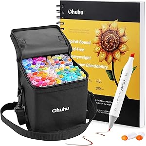 Ohuhu 100 Colors Alcohol Art Markers (Fine & Chisel, Bonus 1 Colorless Blender) + 7.6