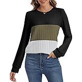 MAXTOOA Womens Sweater Color Block Blouse Shirt Long Sleeve Tunic Tops fall sweaters for women Valentine's Day Gifts