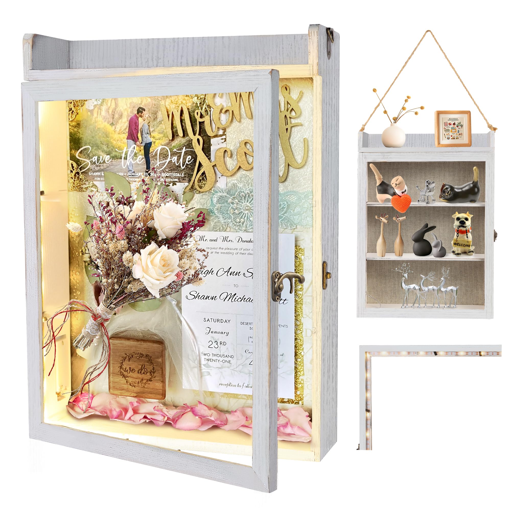 Photo 1 of (USED/FAIR) KWYADLUO 11x16 Shadow Box Frame with Light, Wedding Memorial Display Case with Shelves and Top Platform, Large Deep Shadow Box for Keepsakes and Wedding Gift, Hanging Rope and Wall-Mountable, White