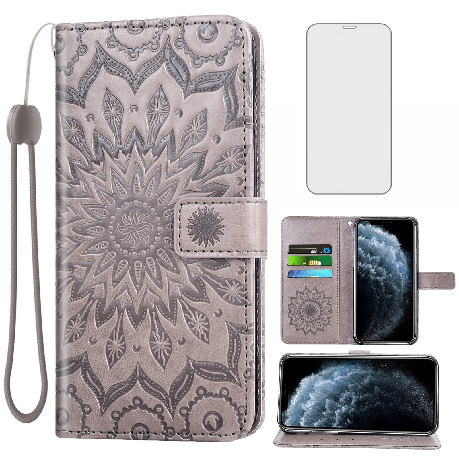 Asuwish Phone Case for iPhone 11 Pro Max 6.5 Wallet Cases with Tempered Glass Screen Protector and Leather Flip Cover Card Holder Stand Cell Accessories iPhone11 11pro Promax i XI Plus Women Men Gray