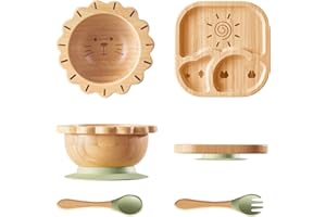 BABY REMEMBER Suction Plates Bowls Set for Baby Toddler Non-Toxic Bamboo Feeding Set with Silicone Fork & Spoon (Green Feeding Set)