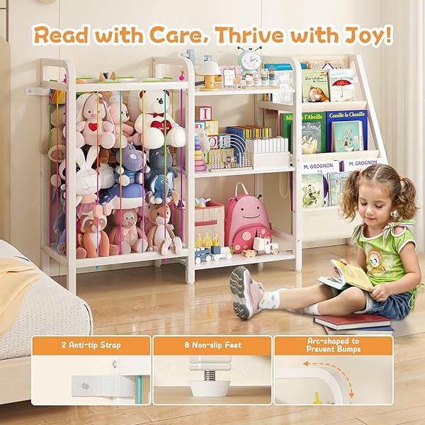 CYXPHION B1 KIDS BOOKSHELF AND TOY STORAGE, 3-TIER BOOK SHELF FOR KIDS ROOMS, SLING BABY BOOKCASE WITH STUFFED ANIMAL STORAGE, MONTESSORI TODDLER BOOKSHELF FOR NURSERY, BEDROOM, PLAYROOM, WHITE