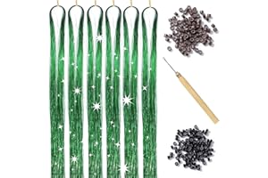 YOOONXI Green Hair Tinsel Kit with Tool 6pcs 1200 Strands Glitter Tinsel Hair Extensions Heat Resistant Sparkling Shiny Fairy Hair Accessories for Women Girls Kids 47Inch