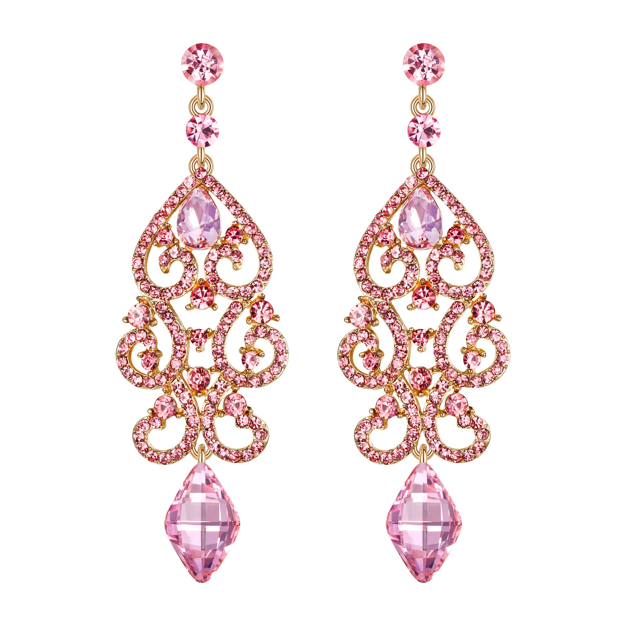 EVER FAITH Rhinestone Crystal Wedding Art Deco Floral Chandelier Dangle Earrings for Women Pink Gold-Tone