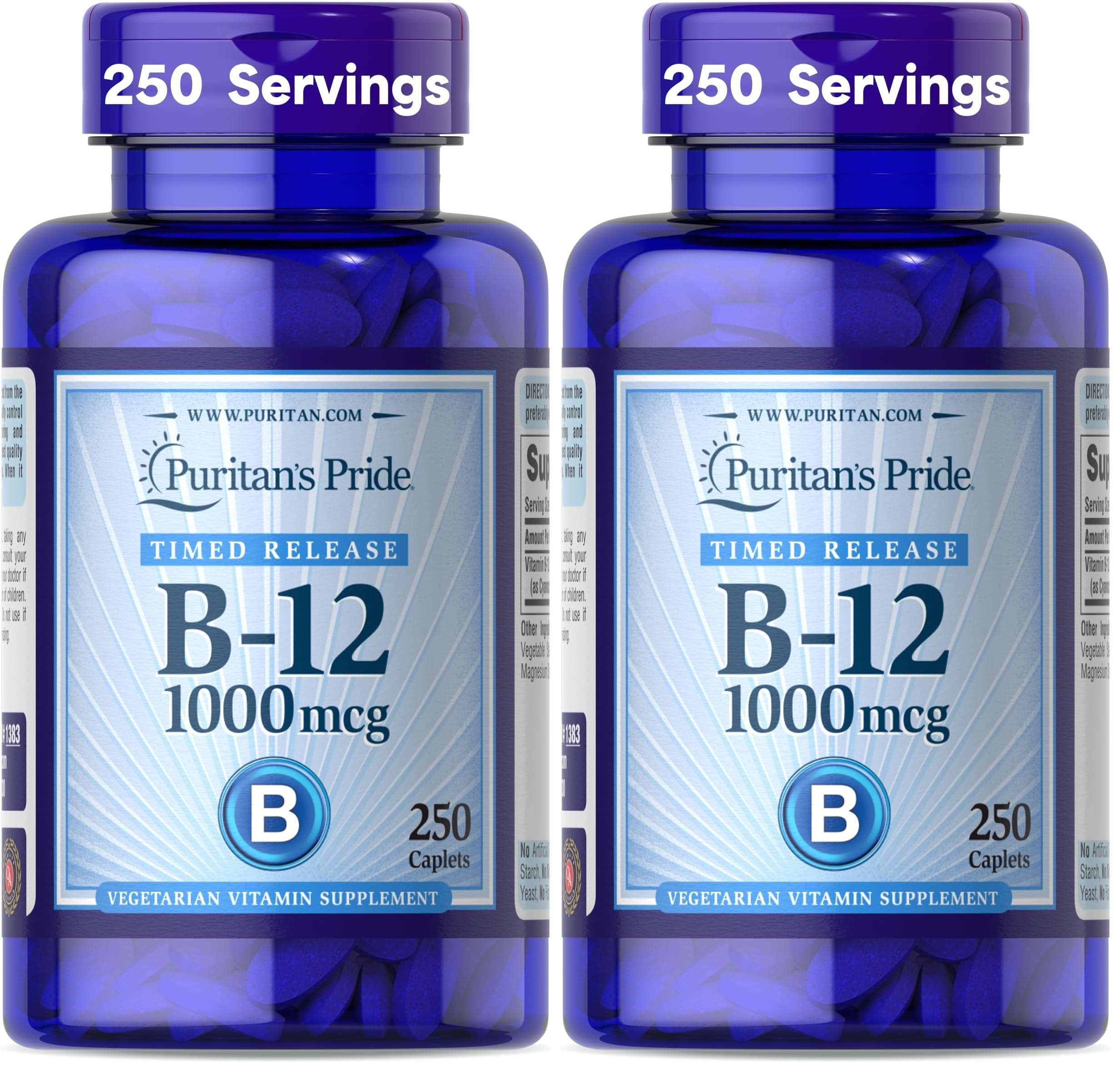 Puritan's Pride Timed Release Vitamin B-12 1000mcg,Vegetarian Dietary Supplement for Energy Metabolism,Heart,Circulatory,and Nervous System Health Support,8 Month Supply,250 Caplets,(Pack of 2) Image