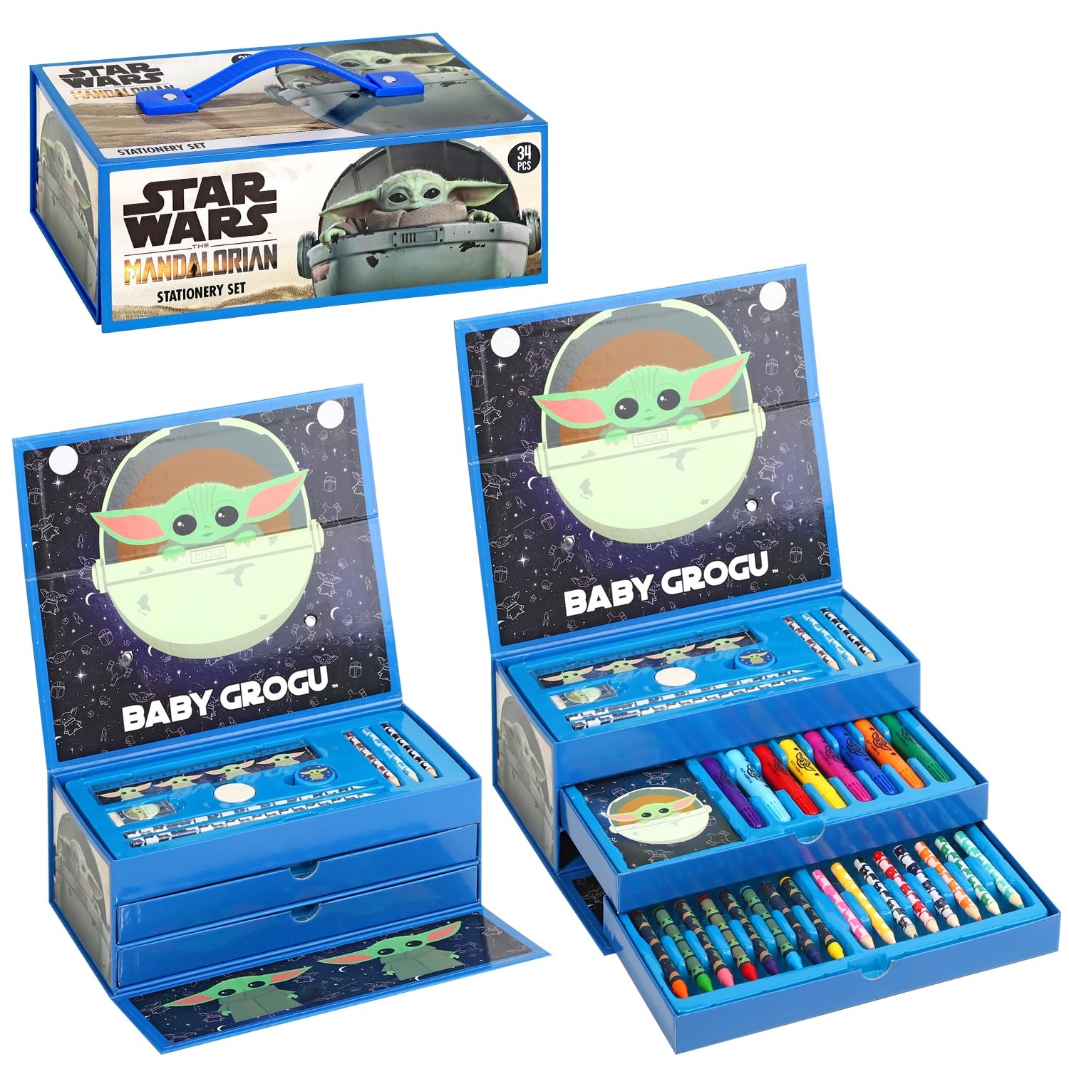 CERDÁ LIFE'S LITTLE MOMENTS Star Wars The Mandalorian Kids 34pc Colouring Art Stationery Set with Watercolour Felt Tip Pens Crayons and Pencils Travel Set for Children