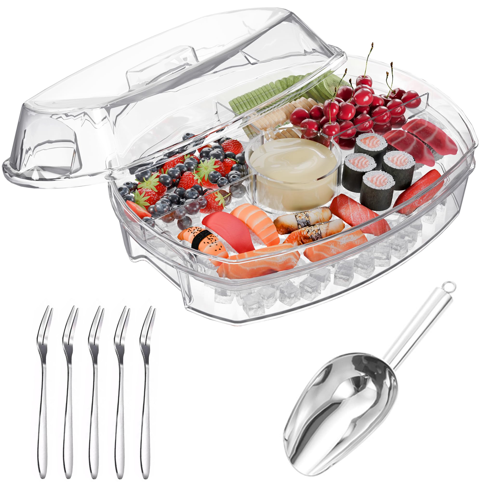 Photo 1 of Funyakit Appetizer Serving Tray on Ice with 1 Stainless Steel Ice Scoop and 5 Forks Chilled Platter with Lid, 4 Compartments for Shrimp Cocktail Fruits Veggies Seafood Dips, Cold Dish for Party