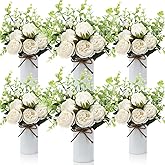 Solsew 6 Sets Artificial Peonies Flowers, 6 Artificial Peony with Vase 6 Faux Eucalyptus, Faux Silk Peony Bouquet Spring Flowers for Decoration Wedding Party Home Dining (White)