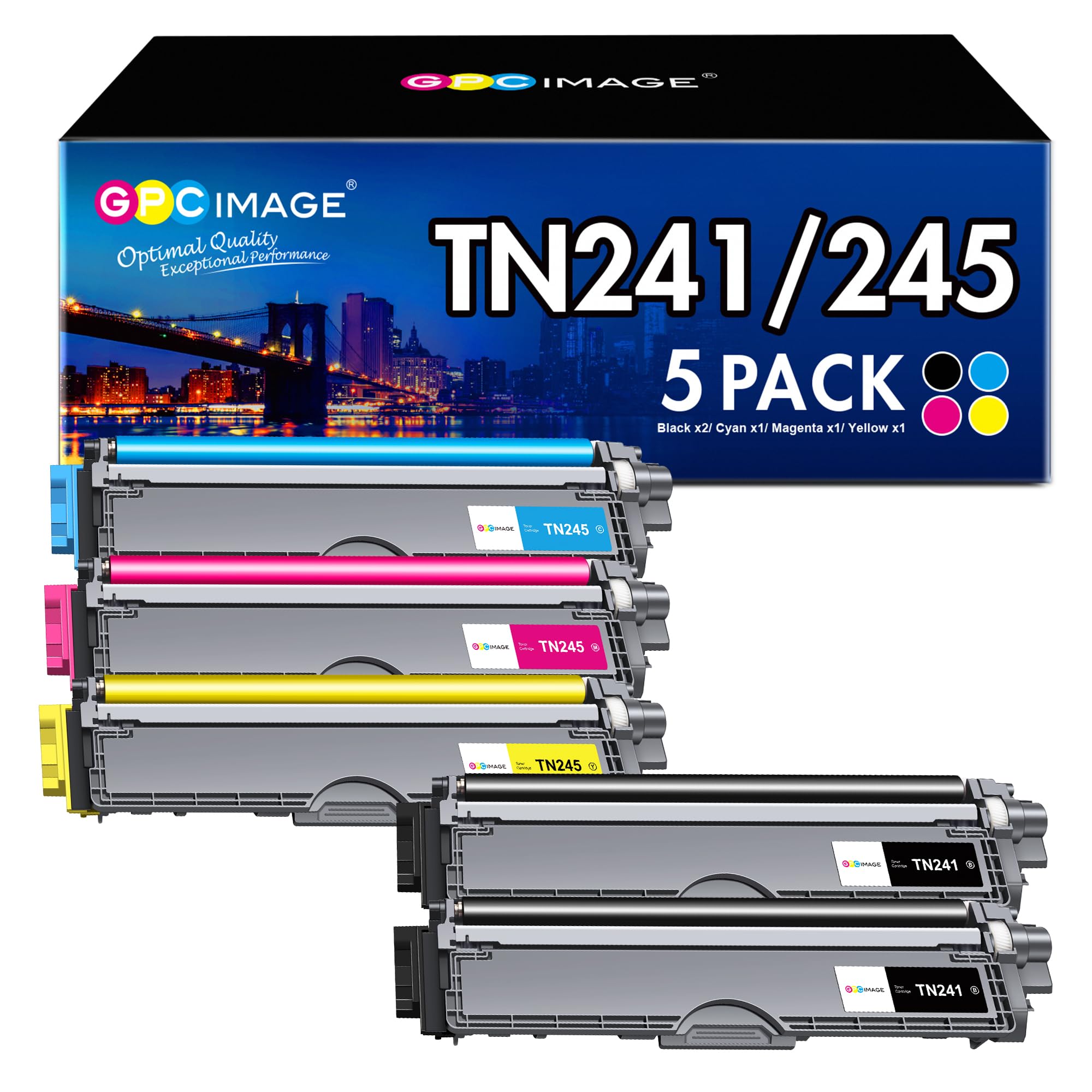 5-Pack TN241 TN245 Toner Cartridges Compatible for Brother TN241 TN245 TN-241 TN-245 Toner Cartridges for HL-3140CW HL-3150CW HL-3170CW DCP-9015CDW DCP-9020CDW MFC-9330CDW MFC-9340CDW (2BK/1C/1M/1Y)