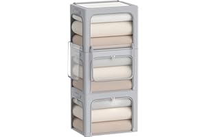 CYHOM 3Pack Clothes Storage Bins - Oxford Frame Storage Box Foldable Stackable Storage Organizer with 3 Openings Design, Metal Frame, Clear Window, Carry Handles (36L-15.7 * 11.8 * 11.8in, Grey)