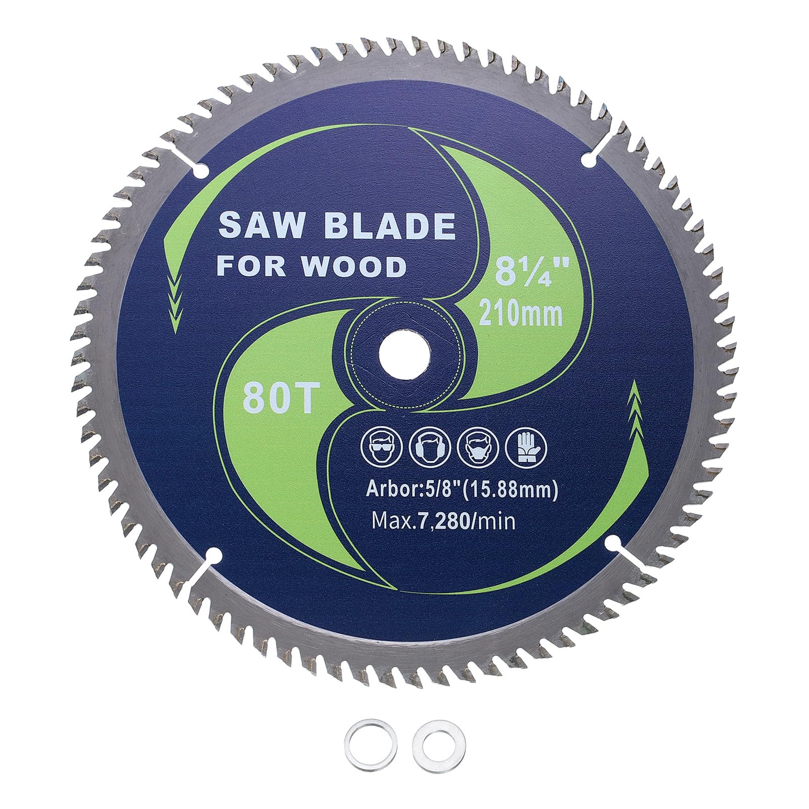 Kozelo Circular Saw Blade - [8-1/4 Inch x 80 Teeth x 5/8 Inch Arbor] Tungsten Carbide Tipped Table Miter Saw Blades with 5/8 Inch to 1/2 Inch 3/8 Inch Washer Adapters | Green