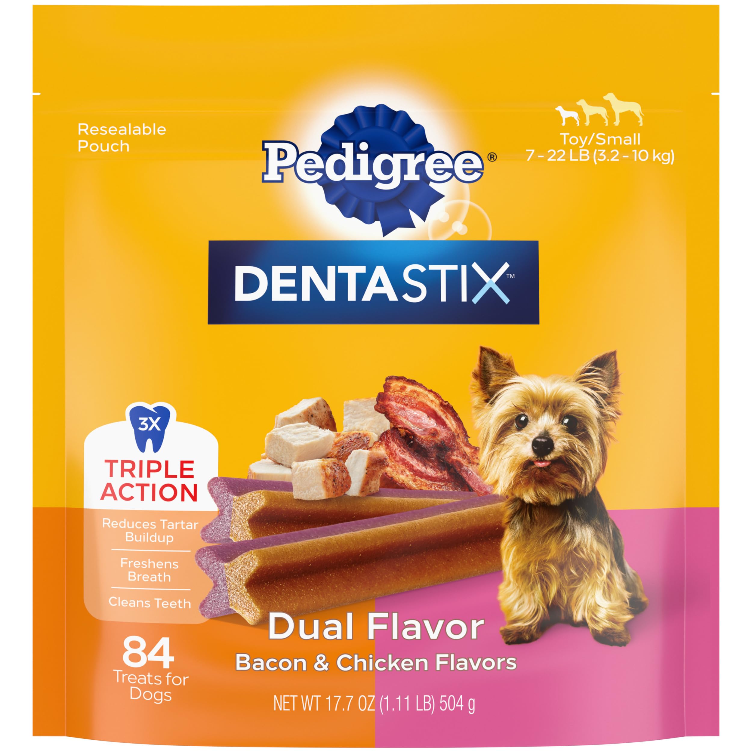 Photo 1 of Pedigree Dentastix Dual Flavor Small Breed Dog Treats, Bacon & Chicken, 17.78 oz. Bag (84 Treats)