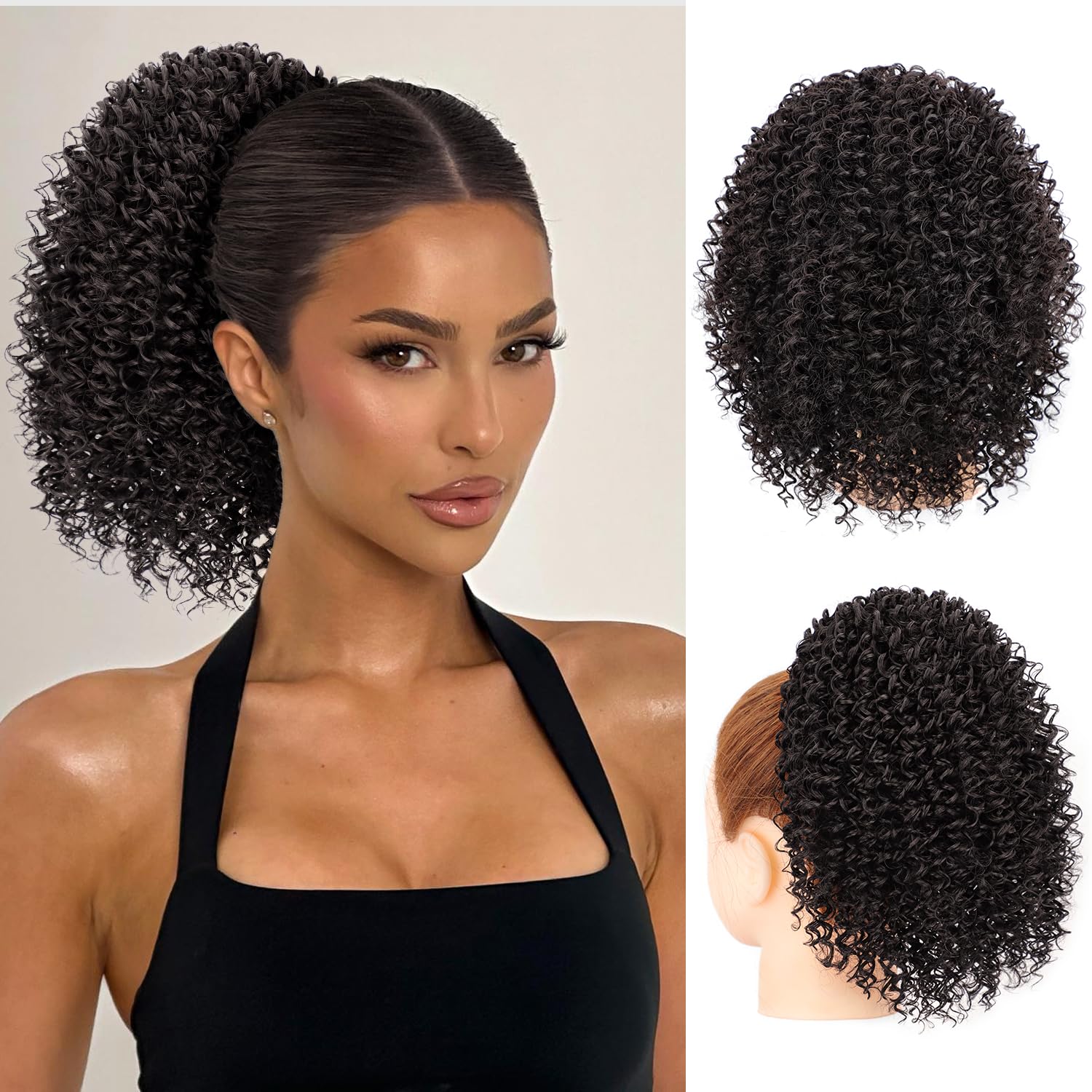 Photo 1 of FREEMEIGE 10" Drawstring Ponytail Extension for Black Women Deep Curly Ponytail Extension Synthetic Afro Kinky Curly Pony Tails Hair Extensions for Daily Use