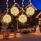 Outdoor Christmas Balls Lights 4 Pack Hanging 7.9" LED Garden Sphere Tree Lights 8 Modes Waterproof Glow Globe Lights with Memory Timer Plug for Party Yard Porch Eave Patio Xmas Decorations-Warm White