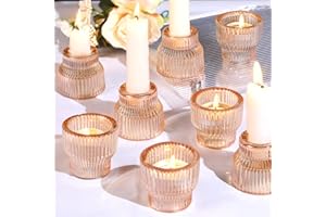 HAVITI 12pcs Gold Glass Candlestick Holders, Taper Candle Holders Tea Light Candle Holder for Wedding Centerpieces Christmas Table Decorations, Votive Candle Holders for Thanksgiving Table Decor