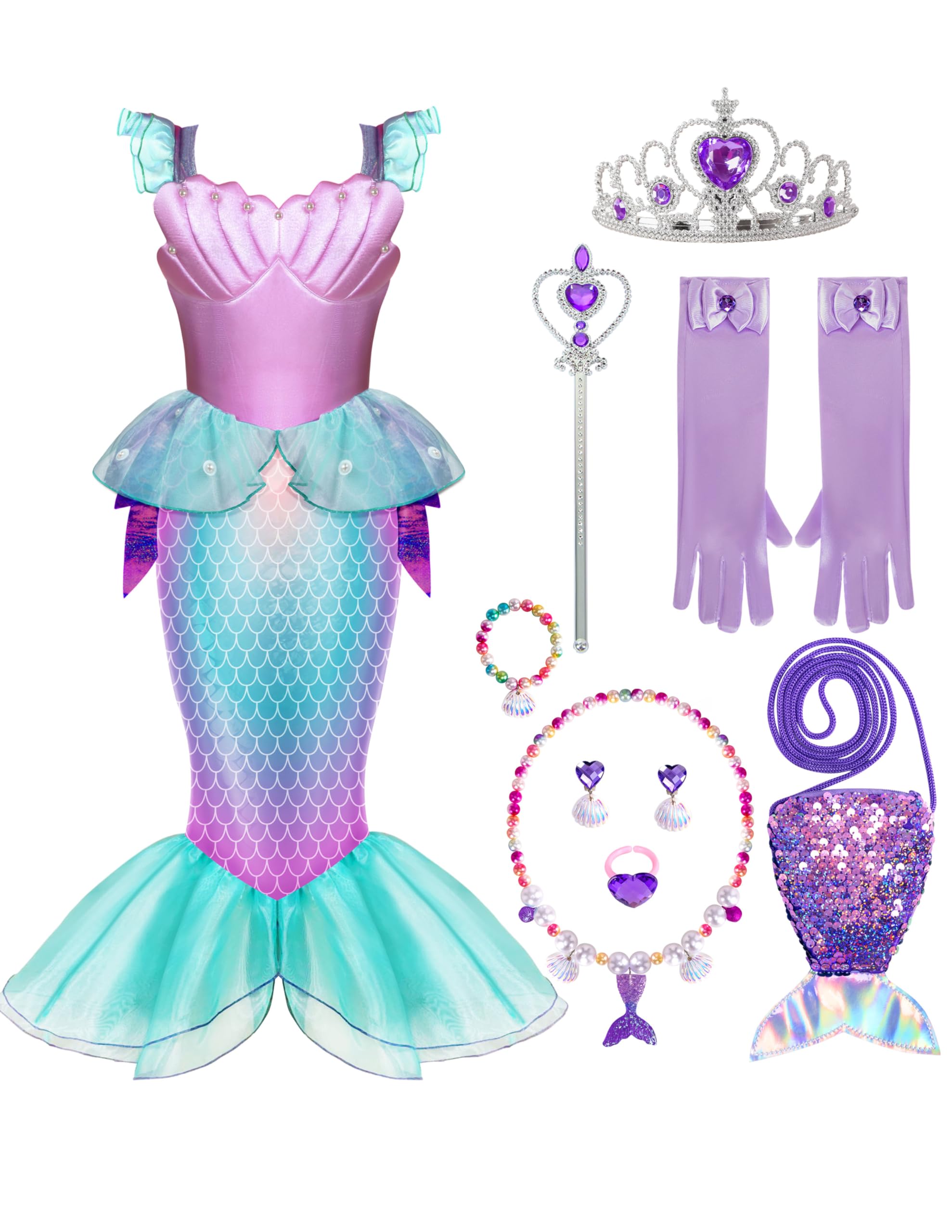 Photo 1 of Spooktacular Creations Halloween Kids Mermaid Dress, Purple Little Mermaid Costume with Bag, Princess Dress Up for Girls 3-8 Cosplay, Birthday Party (3T, (3-4 yrs))