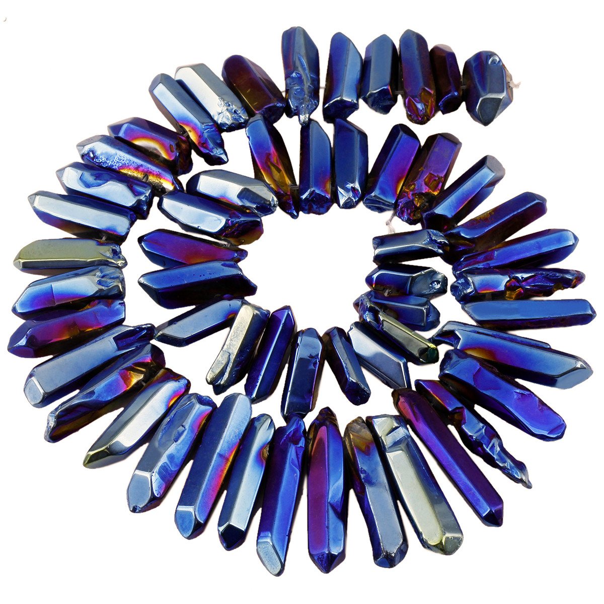 KYEYGWO Titanium Coated Irregular Polished Crystal Point Quartz Top Drilled Stick Spike Beads for Jewellery Making DIY Art Craft